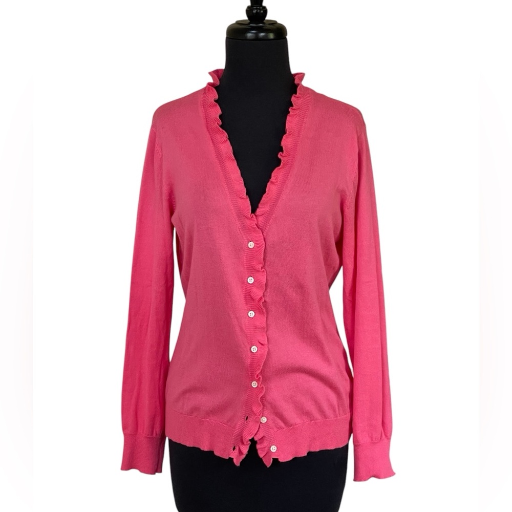 Lauren Ralph Lauren Pink Ruffled Button-up Women's Sweater Cardigan Sz S V Neck